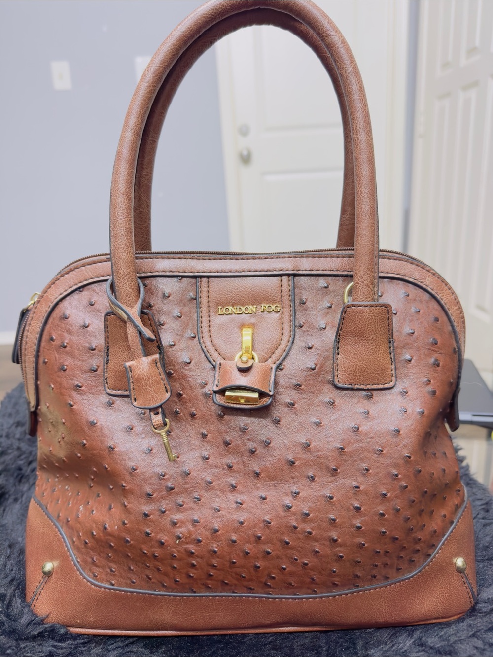 London Fog Cognac Brown Textured Satchel with Gold Accents